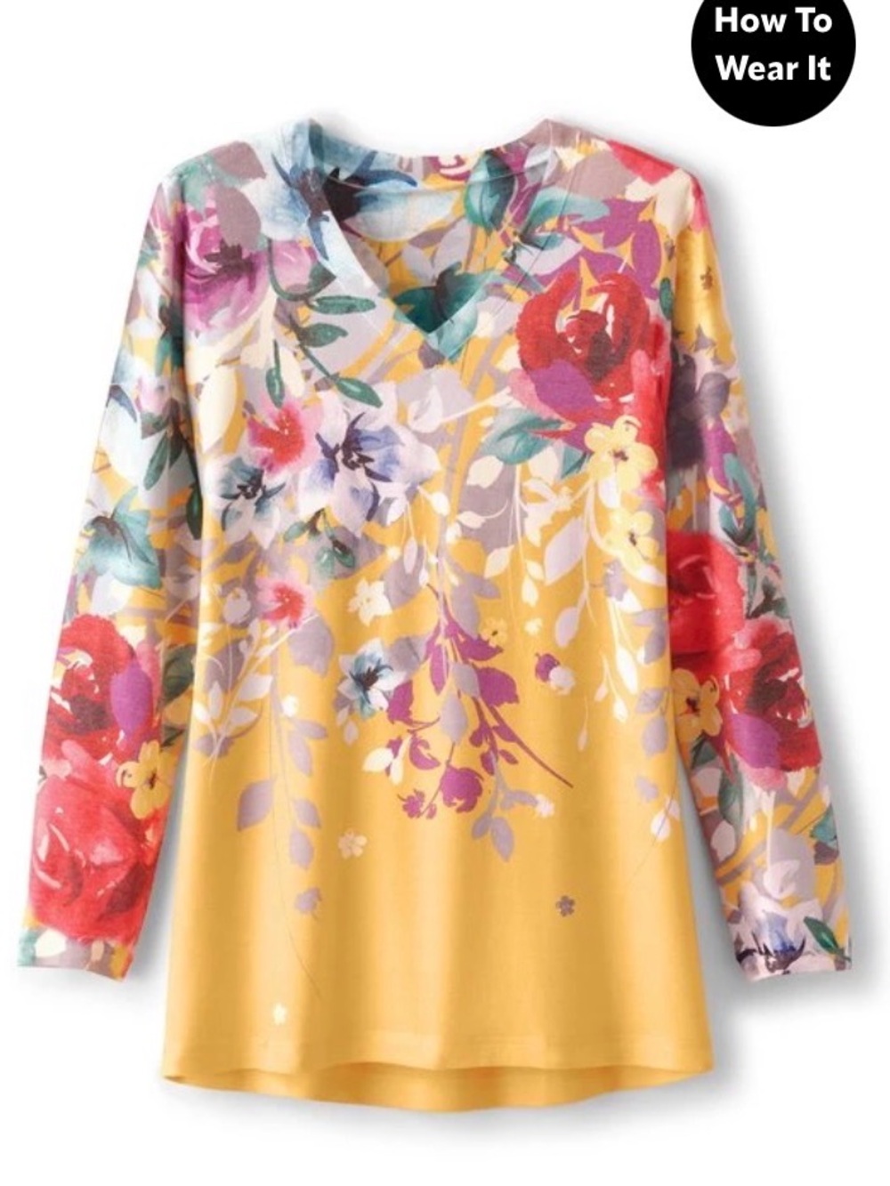 Soft Surroundings ‘Delphina Top’ in a Yellow Floral V-Neck Long Sleeve Tee